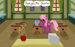 Size: 1024x650 | Tagged: safe, artist:sayer09, princess celestia, 2015, alicorn, apple, aura (g4), aurabetes, background pony, cheeribetes, cheerilee, commission, curtains, cute, desk, duo, duo female, earth pony, female, filly, foal, food, g4, imported from derpibooru, indoors, mare, mouth hold, needs more jpeg, paper, pony, ponyville schoolhouse, school, sitting, studying, talking, teacher, teacher and student, teacher's desk, thank you, window, writing