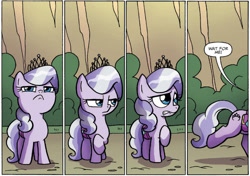 Size: 734x518 | Tagged: safe, artist:agnes garbowska, diamond tiara, 4 panel comic, bag, bush, comic, comic panel, crown, diamond tiara is not amused, dirt, don't you forget about us, earth pony, eyelashes, female, filly, foal, friendship is magic #38, full body, g4, grass, hill, idw, imported from derpibooru, jewelry, lidded eyes, lip bite, looking at you, looking away, mare, mountain, my little pony: friendship is magic (idw), my little pony: friendship is magic 38, nature, nervous, official comic, panel, path, pony, pouting, pouty lips, raised hoof, regalia, running, running away, saddle bag, solo, speech bubble, standing, talking, text, two toned mane, unamused