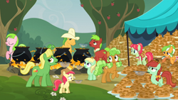 Size: 1920x1080 | Tagged: safe, apple brown betty, apple cinnamon, apple dumpling, apple family member, apple family reunion, apple fritter (food), apple leaves, apple mint, background pony, bushel, candy apples, cauldron, cooking, earth pony, female, filly, fire, foal, food, g4, hoss, imported from derpibooru, liberty belle, male, mare, my little pony: friendship is magic, outdoors, pony, red gala, screencap, stallion, wensley