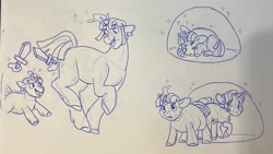 Size: 2048x1152 | Tagged: safe, artist:baylard, twilight sparkle, cute, female, filly, filly twilight sparkle, foal, force field, g4, horn, imported from derpibooru, levitation, magic, monochrome, mother and child, mother and daughter, open mouth, open smile, pen drawing, pony, smiling, telekinesis, traditional art, trio, trio female, twilight velvet, unicorn, wooden sword, younger