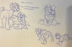 Size: 2048x1354 | Tagged: safe, artist:baylard, princess flurry heart, spike, oc, oc:mimic (baylard), alicorn, changepony, cute, dragon, eyes closed, female, filly, foal, g4, holding a baby, holding a pony, horn, hybrid, imported from derpibooru, interspecies offspring, looking at each other, looking at someone, male, mare, offspring, onomatopoeia, open mouth, open smile, parent:princess cadance, parent:queen chrysalis, parent:shining armor, parents:shining chrysalis, pen drawing, pony, quadrupedal, running, sitting, smiling, smiling at each other, sound effects, spread wings, traditional art, twilight velvet, unicorn, winged spike, wings, zzz