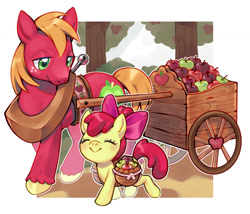Size: 1276x1093 | Tagged: safe, artist:milkat-sprout, apple bloom, adorabloom, alternate version, apple, apple tree, basket, big macintosh, brother and sister, cart, cute, duo, duo male and female, earth pony, eyes closed, female, filly, foal, g4, imported from derpibooru, male, outdoors, passepartout, pony, siblings, smiling, stallion, tree