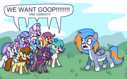Size: 3036x1890 | Tagged: safe, artist:idadeerz, diamond tiara, scootaloo, sweetie belle, oc, oc:illusion, oc:pon, oc:portal bump, oc:prin, oc:wind chime (idadeerz), alicorn, cement, detailed background, dialogue, digital art, earth pony, female, filly, foal, frown, g4, goop, goopfilly, group, heterochromia, horn, imported from derpibooru, looking at each other, looking at someone, mare, missing cutie mark, ms paint, no pupils, open frown, open mouth, open smile, outdoors, pegasus, pixel-crisp art, pony, scared, signature, smiling, speech bubble, text, unicorn, wind sprint