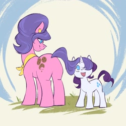 Size: 2000x2000 | Tagged: safe, artist:egil, rarity, butt, cookie crumbles, cookiebetes, cute, female, filly, filly rarity, foal, g4, happy, horn, imported from derpibooru, looking at you, mare, mother and child, mother and daughter, open mouth, open smile, plot, ponified animal photo, pony, raribetes, smiling, smiling at you, unicorn, younger