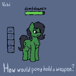 Size: 400x400 | Tagged: safe, artist:vohd, oc, oc:filly anon, animated, blue background, chest fluff, earth pony, female, filly, foal, gif, hoof hold, imported from derpibooru, interface, knife, life bar, mare, mouth hold, oc only, pony, simple background, solo, text, username, video game