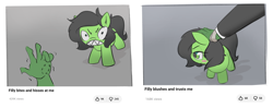 Size: 2966x1174 | Tagged: safe, artist:bagegale, oc, oc:anon, oc:filly anon, angry, bandage, behaving like a cat, bite mark, blushing, duo, earth pony, female, filly, foal, hand, head pat, human, human on pony petting, imported from derpibooru, meme, oc only, pat, petting, pinpoint eyes, ponified animal photo, pony, reference in the description, shark teeth, sharp teeth, teeth, text, youtube, youtube thumbnail