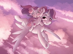 Size: 1280x959 | Tagged: safe, artist:candyy, sweetie belle, oc, oc:sweetieck dreams, alicorn, alicorn oc, cloud, cute, duo, duo female, female, filly, foal, g4, horn, imported from derpibooru, leaning, not sweetie belle, outdoors, pony, smiling, tail, teenager, two toned mane, two toned tail, unicorn, unicorn horn, wings