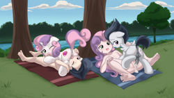 Size: 2880x1620 | Tagged: explicit, artist:pestil, sweetie belle, 69 position, alternate version, balls, banned from derpibooru, barefoot, blushing, breasts, colt, colt on human female, creampie, cum, cum in mouth, delicious flat chest, feet, female, filly, foalcon, grass, horsecock, human, human on pony action, human ponidox, humanized, imported from twibooru, interspecies, lolicon, male, missionary position, nudity, one eye closed, oral, pegasus, penis, pony, river, rumble, self ponidox, sex, shotacon, straight, straight shota, towel, tree, underage, unicorn