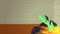 Size: 1920x1080 | Tagged: semi-grimdark, oc, oc:filly anon, amnesia: the dark descent, anonymous artist, diving, eyes closed, female, filly, fire, fireplace, foal, g4, horn, imported from derpibooru, indoors, lineless, oc only, pony, solo, tail, the small horse, unicorn, windswept mane, windswept tail