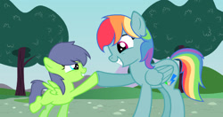 Size: 1024x539 | Tagged: safe, artist:sweetsunrisemlp, oc, oc:cloud strike, oc:rainbow bolt, duo, duo female, female, filly, foal, imported from derpibooru, mare, oc only, offspring, outdoors, parent:rainbow dash, parent:soarin', parents:soarindash, pegasus, pony, siblings, sisters, smiling, spread wings, standing on two hooves, wings