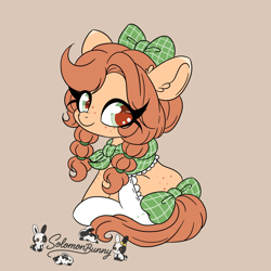 Size: 1500x1500 | Tagged: safe, artist:solomonbunny, oc, oc:apricot, beige background, bow, clothes, colored pupils, earth pony, female, filly, foal, freckles, hair bow, hair tie, imported from derpibooru, looking back, oc only, pony, quadrupedal, simple background, socks, solo, tail, tail bow