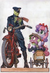 Size: 2838x4096 | Tagged: safe, artist:anontheanon, spike, sweetie belle, oc, oc:anon, crying, dragon, female, filly, foal, g4, grumpy spike, horn, human, imported from derpibooru, male, mare gallery, motorbike, police officer, pony, ship:spikebelle, shipping, simple background, spike is not amused, straight, traditional art, truant officer, unamused, unicorn, white background