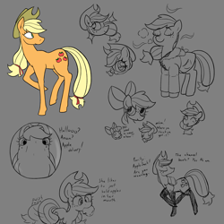 Size: 3500x3500 | Tagged: safe, artist:this_sl0th, apple bloom, applejack, apple, apple bloom's bow, apple sisters, boots, bow, clothes, duo, earth pony, female, filly, foal, food, g4, gray background, hair bow, implied anon, implied rarity, imported from derpibooru, jacket, legwear, mouth hold, offscreen character, pony, shoes, siblings, simple background, sisters, solo focus, tail, tail wag, thigh boots, thigh highs, younger