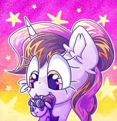 Size: 1233x1280 | Tagged: safe, artist:mcbelka, starlight glimmer, oc, oc:sweetieck dreams, alicorn, alicorn oc, cute, duo, duo female, female, filly, foal, g4, horn, imported from derpibooru, leaning, not sweetie belle, pony, smiling, teenager, two toned mane, unicorn, unicorn horn, wings