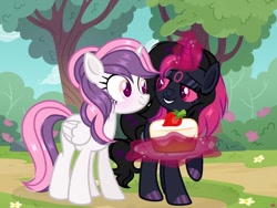 Size: 1280x960 | Tagged: safe, artist:blackcherry, oc, oc:blackcherry, oc:sweetieck dreams, alicorn, cake, cute, duo, eyelashes, female, filly, floppy ears, foal, food, g4, hooves, horn, imported from derpibooru, looking at each other, looking at someone, mare, not sweetie belle, oc only, open mouth, open smile, outdoors, pinpoint eyes, pony, present, smiling, strawberry, surprised, tail, teenager, tree, two toned mane, two toned tail, unicorn, unicorn horn, upside down, wings