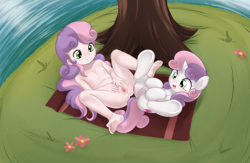 Size: 3750x2445 | Tagged: explicit, artist:pestil, sweetie belle, anatomically correct, banned from derpibooru, barefoot, blushing, breasts, crotchboobs, delicious flat chest, feet, female, filly, flower, foalcon, grass, hooves, human, human on pony action, human ponidox, humanized, imported from twibooru, interspecies, lesbian, lolicon, nipples, nudity, pony, river, self ponidox, spread pussy, teats, towel, tree, underage, unicorn, vagina, vulva