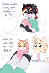 Size: 2920x4300 | Tagged: safe, artist:seurnik, oc, oc:bunny hop, oc:leon sinnamoon, oc:seurnik, baby, baby pony, comic, cuteness overload, father and child, father and daughter, female, filly, foal, horn, imported from derpibooru, male, meme, mother and child, mother and daughter, newborn, nine months in my womb making me suffer, oc only, pony, unicorn