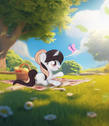 Size: 1736x2022 | Tagged: safe, artist:xd.klaus, oc, oc:sweetieck dreams, butterfly, colored hooves, cute, eyelashes, female, filly, flower, foal, g4, heart, hooves, horn, imported from derpibooru, lying down, mare, not sweetie belle, oc only, open mouth, open smile, outdoors, picnic blanket, pony, prone, raised hoof, smiling, solo, tail, tree, two toned mane, two toned tail, unicorn, unicorn horn