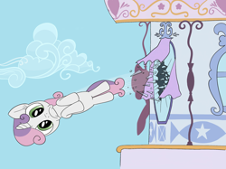 Size: 1908x1430 | Tagged: safe, artist:funnygrin, sweetie belle, :c, carousel boutique, cloud, confused, defenestration, derpibooru exclusive, falling, female, filly, foal, food, frown, g4, horn, how could this happen, i just don't know what went wrong, imported from derpibooru, marshmallow, outdoors, pony, shocked, sky, sweetie belle is a marshmallow too, sweetie belle is not amused, throwing, unamused, unicorn, window, yeet