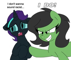 Size: 1300x1100 | Tagged: safe, artist:unitxxvii, oc, oc:filly anon, oc:nyx, alicorn, dialogue, duo, duo female, earth pony, female, filly, floppy ears, foal, furrowed brow, grin, imported from derpibooru, lidded eyes, oc only, open mouth, pony, simple background, smiling, snaggletooth, white background