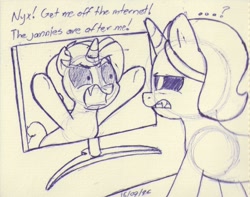 Size: 1307x1028 | Tagged: safe, artist:unitxxvii, oc, oc:dyx, oc:nyx, alicorn, computer, dialogue, duo, duo female, female, filly, foal, imported from derpibooru, open mouth, pen drawing, pony, siblings, sisters, sketch, snaggletooth, traditional art, trapped, wingless, wingless alicorn