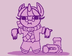 Size: 1139x886 | Tagged: safe, artist:luanbang, twilight sparkle, bipedal, boots, clothes, female, filly, filly twilight sparkle, foal, g4, glasses, gloves, horn, imported from derpibooru, looking at you, monochrome, necktie, pony, purplescale, shoes, solo, spread hooves, squatpony, twiggie, unicorn, unicorn twilight, younger