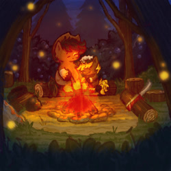 Size: 3000x3000 | Tagged: safe, artist:nakoto, oc, oc:acres, oc:autumn draft, campfire, coat markings, colt, cowboy hat, cute, detailed background, duo, earth pony, earth pony oc, father and child, father and son, fire, firefly (insect), foal, food, hat, hoof on head, imported from derpibooru, insect, log, male, marshmallow, night, oc only, outdoors, pony, sitting, smiling, socks (coat markings), stallion, unshorn fetlocks