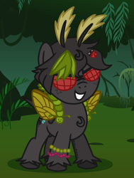 Size: 2273x3000 | Tagged: safe, artist:edgelordhedgelord, oc, oc:phoebee, artfight, clothes, costume, everfree forest, female, filly, foal, g4, goggles over eyes, imported from derpibooru, not my oc, oc only, outdoors, screenshot background, show accurate, solo