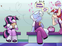 Size: 2267x1676 | Tagged: safe, artist:xconito, twilight sparkle, alternate universe, annoyed, anthro, bee, blushing, colt trixie, cross-popping veins, dialogue, drink, duo, emanata, female, filly, filly twilight sparkle, floating heart, foal, food, g4, glasses, heart, horn, ignoring, imported from derpibooru, insect, juice, juice box, lesbian, moondancer, music notes, my little sombra: resistance is magic, pre-transition, sandwich, ship:trickdancer, shipping, sitting, speech bubble, trans trixie, transgender, trixie, unguligrade anthro, unicorn, younger
