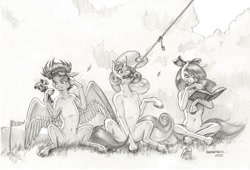 Size: 1500x1019 | Tagged: safe, artist:baron engel, apple bloom, scootaloo, sweetie belle, anemometer, apple bloom's bow, benjamin franklin, book, bow, cloud, cutie mark crusaders, don't try this at home, earth pony, female, filly, foal, food, g4, goggles, goggles on head, hair bow, hoof hold, horn, imported from derpibooru, jar, jelly, key, kite, kite flying, leaves, monochrome, mouth hold, outdoors, pegasus, pencil drawing, pony, simple background, spread wings, storm, story included, string, this will end in tears and/or death and/or covered in tree sap, traditional art, unicorn, what could possibly go wrong, white background, wings