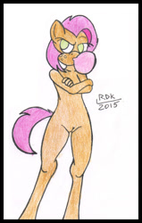 Size: 394x620 | Tagged: explicit, artist:rdk, babs seed, anthro, attitude, banned from derpibooru, bubblegum, female, food, gum, imported from twibooru, lolicon, solo, solo female, traditional art, underage