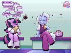 Size: 2267x1676 | Tagged: safe, artist:xconito, twilight sparkle, alternate universe, anthro, bee, colt trixie, deadnaming, dialogue, drink, duo, female, filly, filly twilight sparkle, foal, food, g4, horn, ignoring, imported from derpibooru, insect, intentional deadnaming, intentional misgendering, juice, juice box, misgendering, music notes, my little sombra: resistance is magic, pre-transition, sandwich, sitting, speech bubble, trans trixie, transgender, transphobia, trixie, unguligrade anthro, unicorn, younger