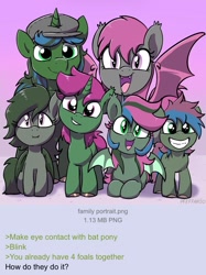 Size: 1179x1575 | Tagged: safe, artist:pfeffaroo, oc, oc:fruitful melody, oc:rc, 4chan, 4chan screencap, bat pony, edit, family, female, filly, foal, group, imported from derpibooru, meme, oc only