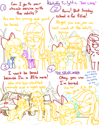 Size: 4779x6013 | Tagged: safe, artist:adorkabletwilightandfriends, apple bloom, applejack, twilight sparkle, oc, oc:pastor paul, comic:adorkable twilight and friends, adorkable, adorkable twilight, alicorn, automobile, background pony, big macintosh, bon bon, bored, car, church, comic, cute, dork, family, female, filly, foal, g4, happy, imported from derpibooru, jeep, lyra heartstrings, maturity, open door, outdoors, parking lot, pony, slice of life, suv, sweetie drops, vehicle