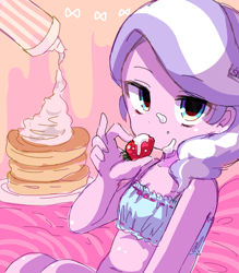 Size: 700x800 | Tagged: suggestive, artist:weiliy, diamond tiara, banned from derpibooru, belly button, blue underwear, bra, clothes, crop top bra, equestria girls, food, foodplay, frilly underwear, imported from twibooru, lolicon, pancakes, ribbon, solo, strawberry, underage, underwear, whipped cream