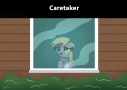 Size: 1920x1356 | Tagged: safe, artist:platinumdrop, comic:caretaker, series:caretaker, building, bush, comic, commission, derpy hooves, ears back, fear, female, filly, filly derpy hooves, floppy ears, foal, folded wings, frown, g4, implied anon, implied anon stallion, imported from derpibooru, looking at someone, looking out the window, open mouth, pegasus, pony, raised hoof, scared, series, this will not end well, window, wings, younger