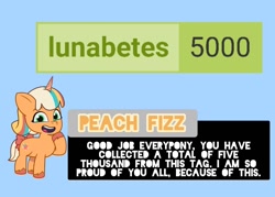 Size: 1080x772 | Tagged: safe, bow, derpibooru, female, filly, foal, g5, horn, implied princess luna, imported from derpibooru, light blue background, looking at you, meta, open mouth, open smile, peach fizz, pippsqueaks, pony, simple background, smiling, smiling at you, solo, tags, tail, tail bow, talking to viewer, unicorn