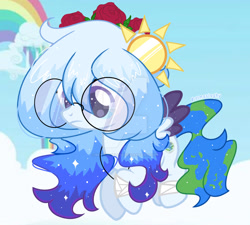 Size: 1280x1151 | Tagged: safe, artist:cosmosloghy, oc, oc:nerissa ivoryskies, bandage, base used, blue mane, cloudsdale, colored wings, cute, deviantart watermark, earthbetes, female, filly, floral head wreath, flower, flower in hair, flying, foal, glasses, imported from derpibooru, jewelry, looking down, necklace, obtrusive watermark, oc only, original art, outdoors, pegasus, pegasus oc, planet ponies, ponified, pony, rose, round glasses, solo, space ponies, space pony, sparkles, sparkly mane, stars, unamused, watermark, wings
