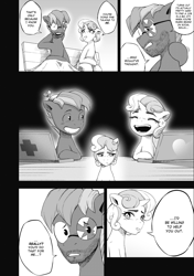 Size: 1165x1654 | Tagged: safe, artist:begoliah, button mash, sweetie belle, comic:crusaders, broken glasses, colt, comic, computer, earth pony, eyes closed, facial hair, female, filly, flashback, foal, g4, glasses, horn, imported from derpibooru, laptop computer, male, monochrome, older, older button mash, older sweetie belle, open mouth, pony, sitting, smiling, unicorn, younger