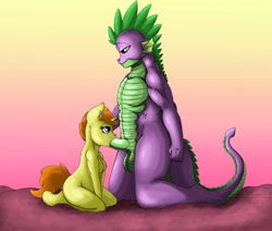 Size: 2482x2105 | Tagged: explicit, artist:exelzior, spike, abs, anthro, balls, banned from derpibooru, blowjob, breasts, female, imported from twibooru, kneeling, lolicon, male, muscles, nipples, nudity, older, older spike, oral, penis, pumpkin cake, pumpkinspike, sex, shipping, straight, underage