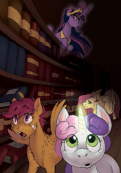 Size: 2748x3899 | Tagged: safe, artist:maxiima, fluttershy, scootaloo, sweetie belle, twilight sparkle, fanfic:the enchanted library, alicorn, band-aid, bookshelf, eye clipping through hair, eyebrows, eyebrows visible through hair, fanfic art, female, filly, foal, g4, ghost, ghost pony, glowing, glowing horn, golden oaks library, hoof shoes, horn, imported from derpibooru, indoors, jaw drop, jewelry, mare, pegasus, peytral, pony, regalia, undead, unicorn, worried