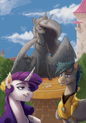 Size: 2748x3899 | Tagged: safe, artist:maxiima, princess celestia, twilight sparkle, oc, oc:rift shield, fanfic:the enchanted library, alicorn, armor, canterlot, eyebrows, eyebrows visible through hair, fanfic art, female, filly, filly twilight sparkle, foal, g4, horn, imported from derpibooru, male, mare, outdoors, pegasus, pony, royal guard, royal guard armor, scar, smiling, stallion, statue, unicorn, unicorn twilight, younger