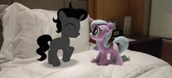 Size: 2400x1080 | Tagged: safe, photographer:brella, augmented reality, colt, colt sombra, female, fiendship is magic #1, filly, foal, g4, gameloft, horn, idw, imported from derpibooru, indoors, irl, king sombra, male, my little pony: fiendship is magic, photo, plushie, pony, radiant hope, ship:hopebra, shipping, straight, unicorn, younger
