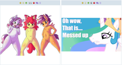 Size: 510x273 | Tagged: explicit, apple bloom, princess celestia, scootaloo, sweetie belle, anthro, banned from derpibooru, derpibooru, exploitable meme, imported from twibooru, juxtaposition, juxtaposition win, lolicon, meme, meta, nudity, underage, vagina
