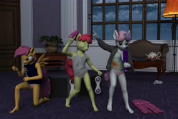 Size: 4500x3000 | Tagged: safe, artist:tahublade7, apple bloom, scootaloo, sweetie belle, anthro, armpits, barefoot, bunny print underwear, clothes, cutie mark crusaders, feet, imported from twibooru, lolicon, panties, pink underwear, radio, singing, sleepover, strawberry underwear, underage, underwear, white underwear