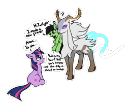 Size: 1629x1361 | Tagged: safe, artist:neuro, twilight sparkle, oc, oc:filly anon, celesdir, dialogue, female, filly, foal, g4, imported from derpibooru, looking at each other, looking at someone, mare, mouth hold, outline, palworld, question mark, simple background, speech bubble, text, transparent background, trio, white outline