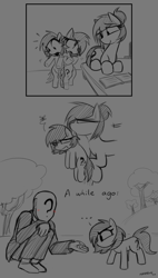 Size: 2200x3884 | Tagged: safe, artist:madragon, oc, oc:anon, oc:anon-mare, oc:filly anon, bipedal, book, comic, earth pony, female, filly, foal, human, imported from derpibooru, indoors, mare, oc only, outdoors, pony, question mark, sitting, sugarcube, text, tree