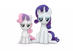 Size: 2752x2064 | Tagged: safe, artist:funnygrin, rarity, sweetie belle, belle sisters, derpibooru exclusive, female, filly, foal, food, g4, grumpy, horn, imported from derpibooru, insulted, mare, marshmallow, offended, pony, rarity being rarity, rarity is a marshmallow, rarity is not amused, siblings, simple background, sisters, sweetie belle is a marshmallow too, sweetie belle is not amused, unamused, unicorn, white background