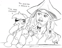 Size: 1591x1239 | Tagged: safe, artist:nayaasebeleguii, colt, crossover, dialogue, drawthread, duo, duo male, earth pony, finger on chin, foal, g4, grayscale, hoof on chin, human, imitation, imported from derpibooru, jack sparrow, learning, male, man, monochrome, one-panel comic, pipsqueak, pirate costume, pirates of the caribbean, pony, pose, requested art, talking to each other, teaching, traditional art