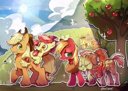 Size: 3508x2480 | Tagged: safe, artist:izuchi, apple bloom, applejack, babs seed, apple, apple family, apple tree, applebuck, applejack (male), bailey sweet, big macintosh, bob steed, bow, braeburn, cane, colt, earth pony, female, foal, g4, glasses, grampy smith, granny smith, hair bow, imported from derpibooru, macareina, male, mare, outdoors, ponies riding ponies, pony, riding, riding a pony, rule 63, stallion, tail, tail bow, tree